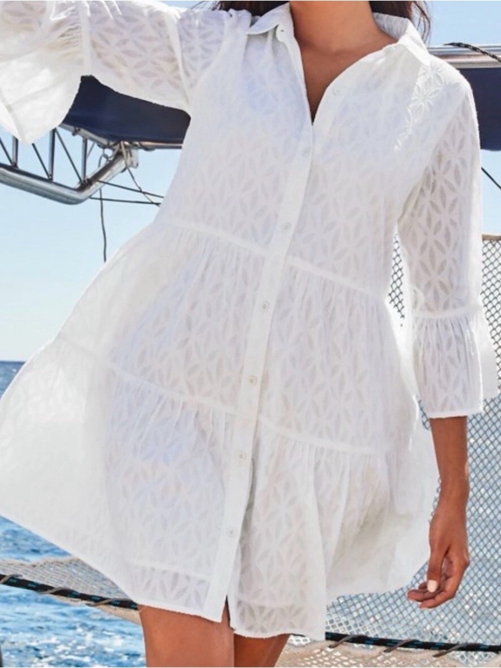 Tommy Bahama White Cotton Clip Jacquard Dress Button Front  Bell Sleeves  L